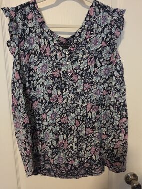 Lane Bryant Navy Floral Cap-Sleeve Blouse with Pink & Aqua Blossoms